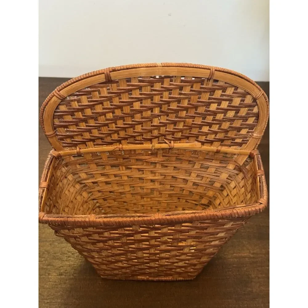 Woven Wicker Basket Two Tone Brown Pocket Flat Back Boho Farmhouse Decor Storage